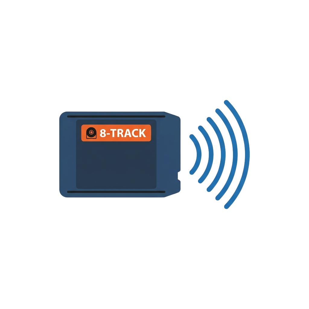 Illustration of an 8-track tape player emitting wireless signal waves
