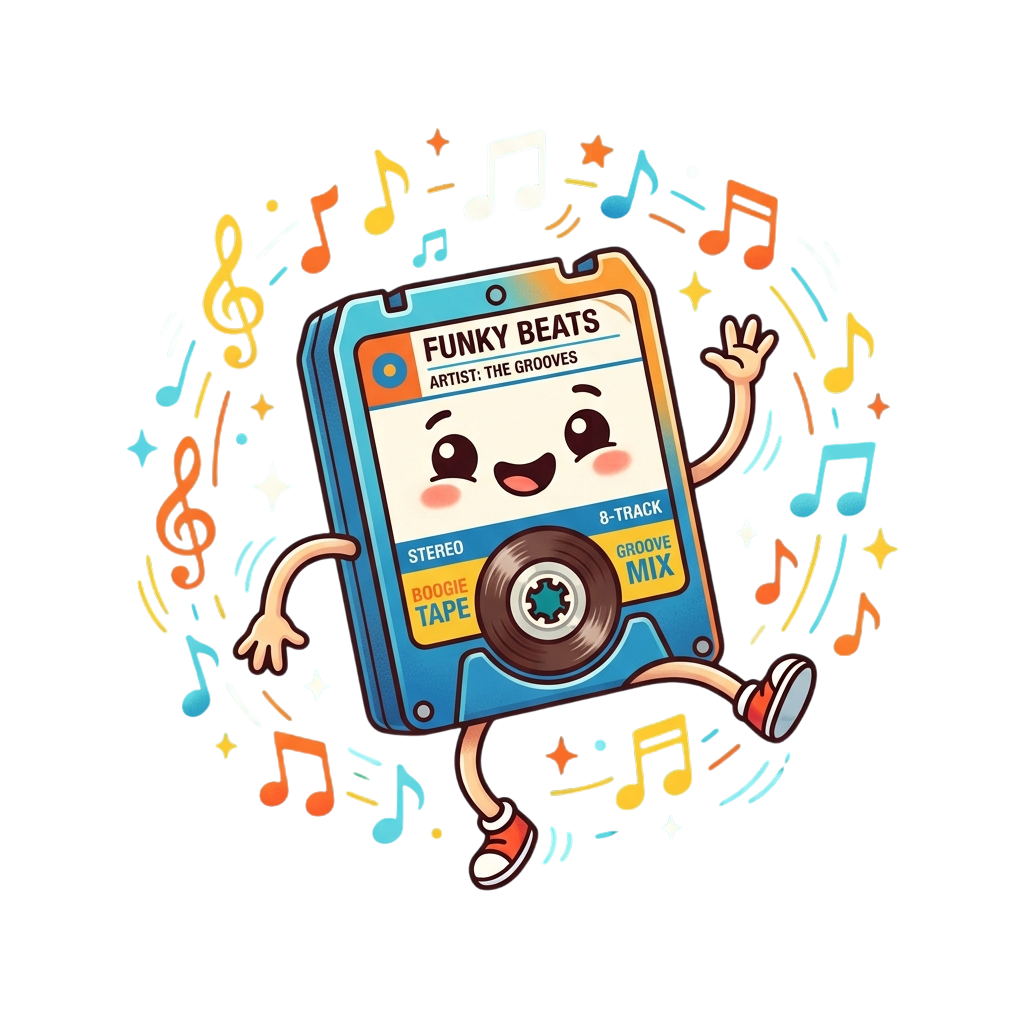 Animated cassette player character dancing with colorful music notes and treble clefs around it