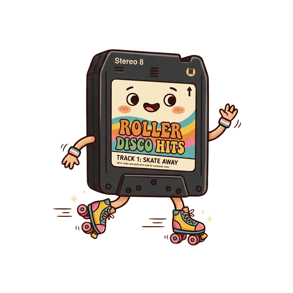 Cartoon portable stereo with roller skates playing Roller Disco Hits, track Skate Away