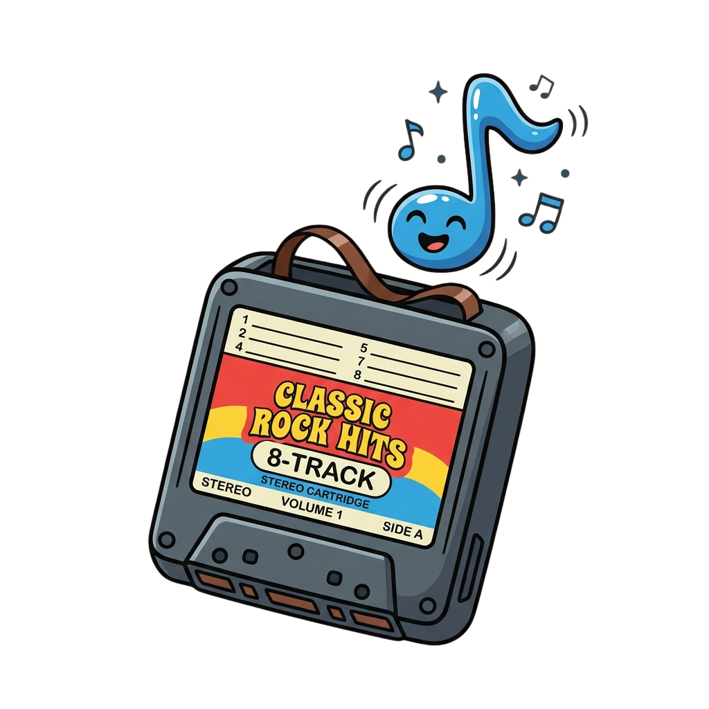 Illustration of an 8-track cassette player labeled Classic Rock Hits with a smiling musical note floating above it