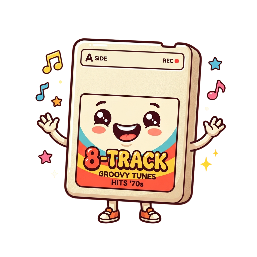 Animated cartoon 8-track tape character with arms raised, smiling, and surrounded by musical notes and stars
