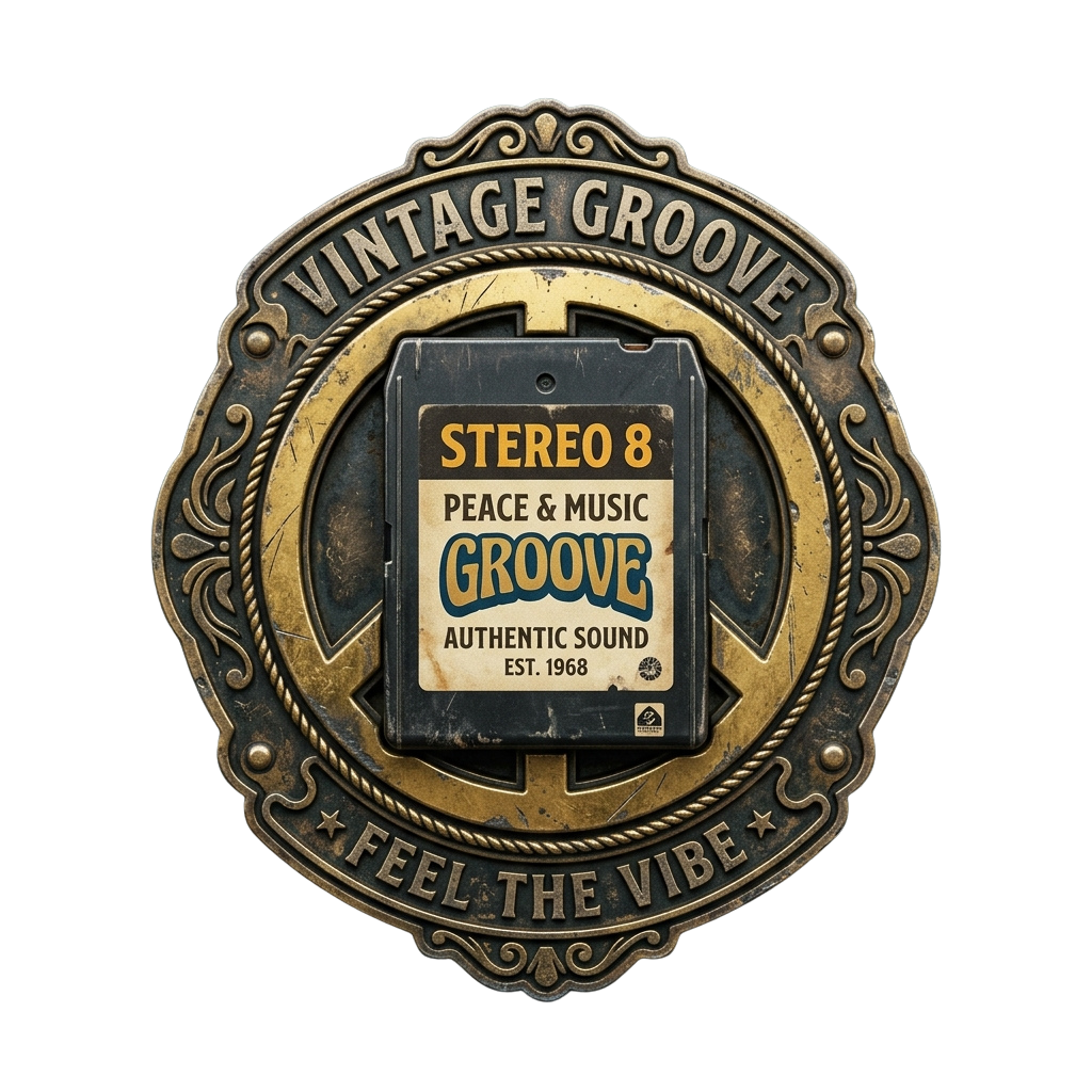 Decorative vintage sign featuring a cassette tape labeled Stereo 8 with Peace and Music Groove text framed ornately