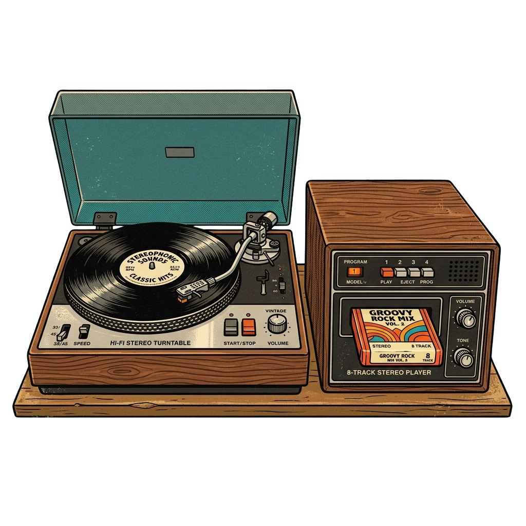 Illustration of a vintage hi-fi stereo turntable with an 8-track stereo player on a wooden surface