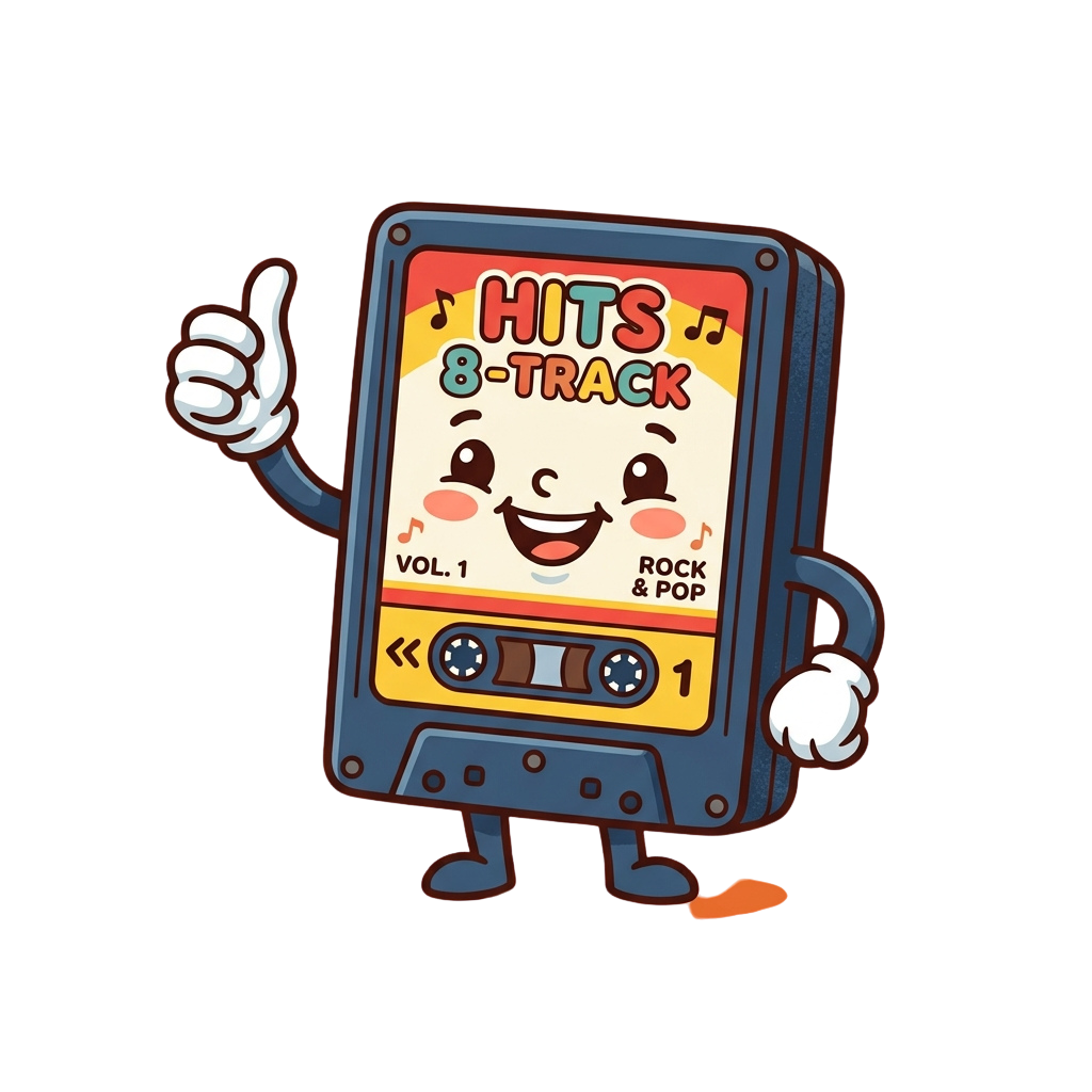 Animated 8-track player with arms, legs, and a smiling face giving a thumbs-up