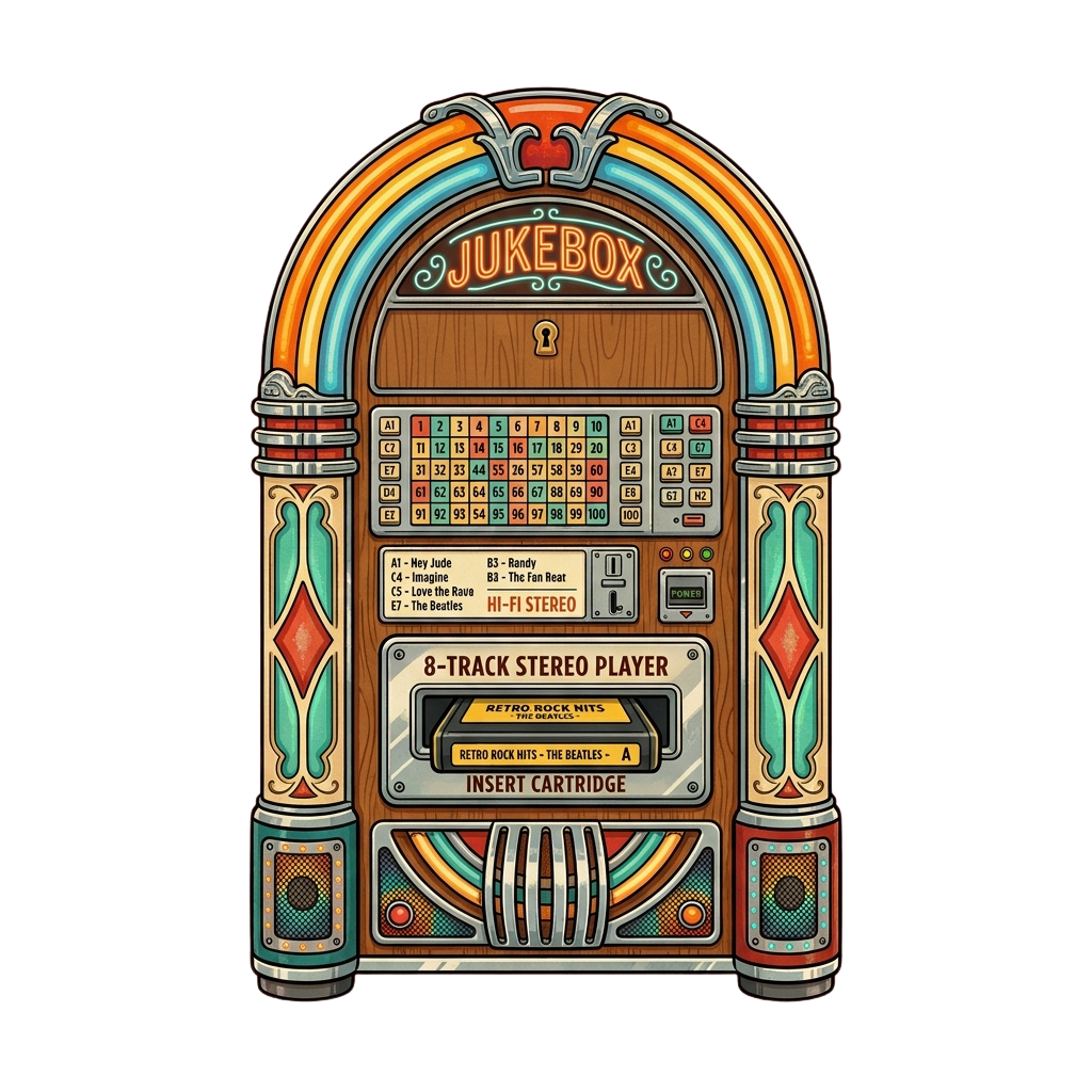Illustration of a colorful vintage jukebox with an 8-track stereo player and numbered music selection buttons