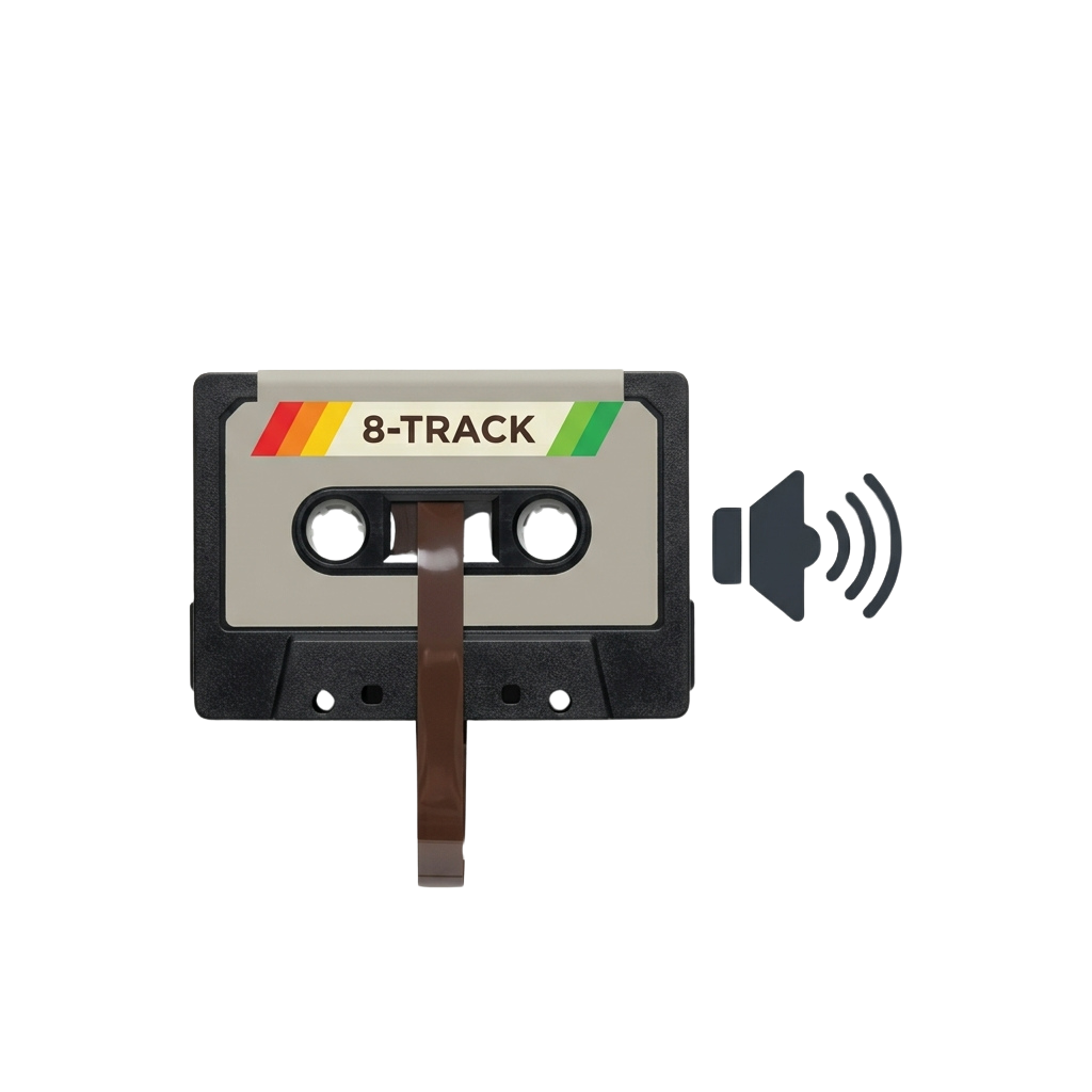 Vintage 8-track cassette tape with a speaker icon indicating audio playback.