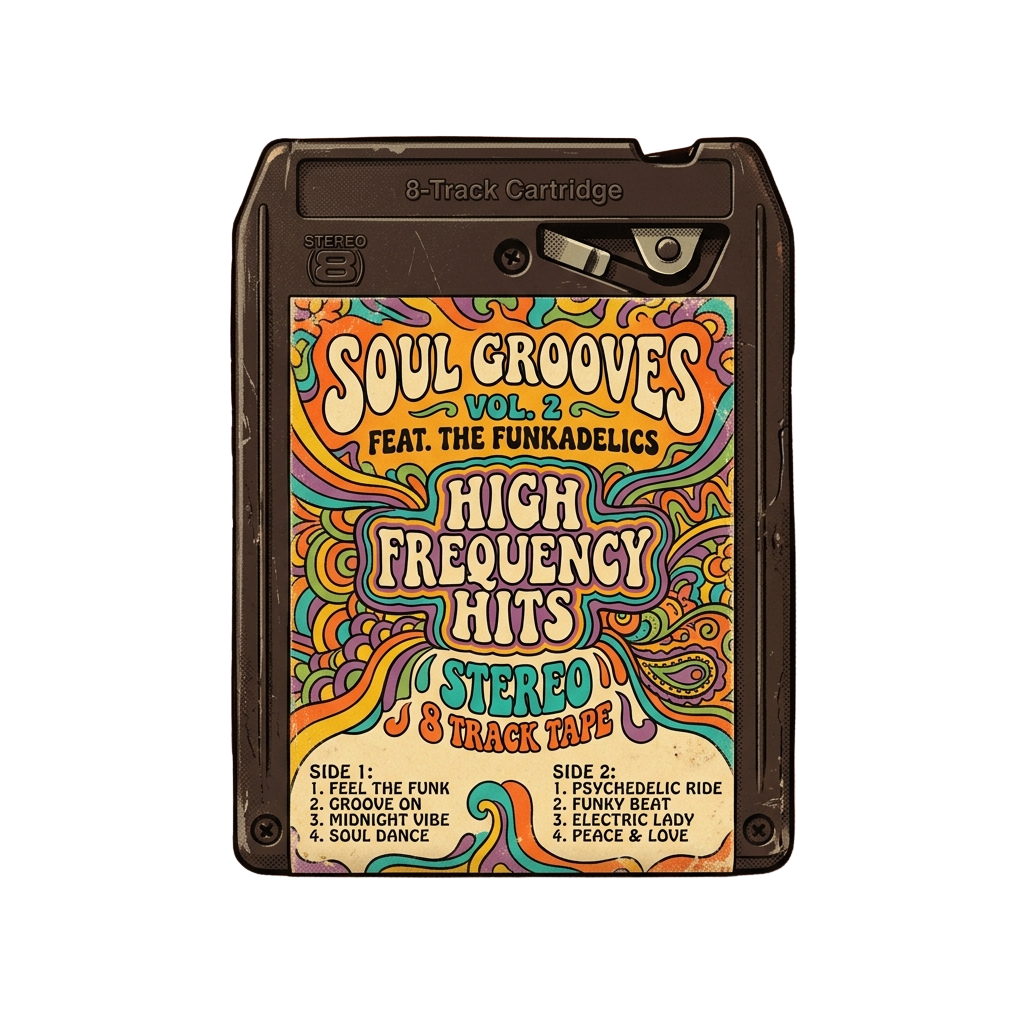 Vintage 8-track tape cover featuring Soul Grooves Vol 2 with Funkadelics High Frequency Hits