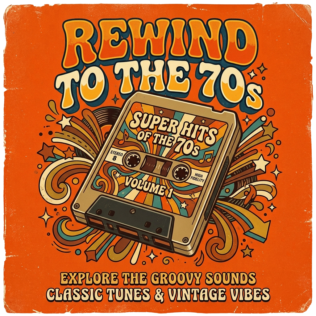 Vintage cassette tape graphic with retro 70s music album cover design and text Rewind to the 70s