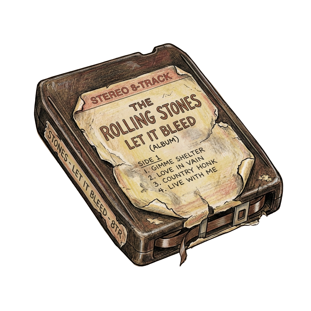 Illustration of an old, worn 8-track tape case for a Rolling Stones album titled Let It Bleed, showing track listing.