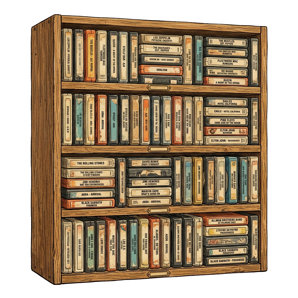 Illustration of a wooden shelf filled with various colored vinyl records arranged neatly in rows