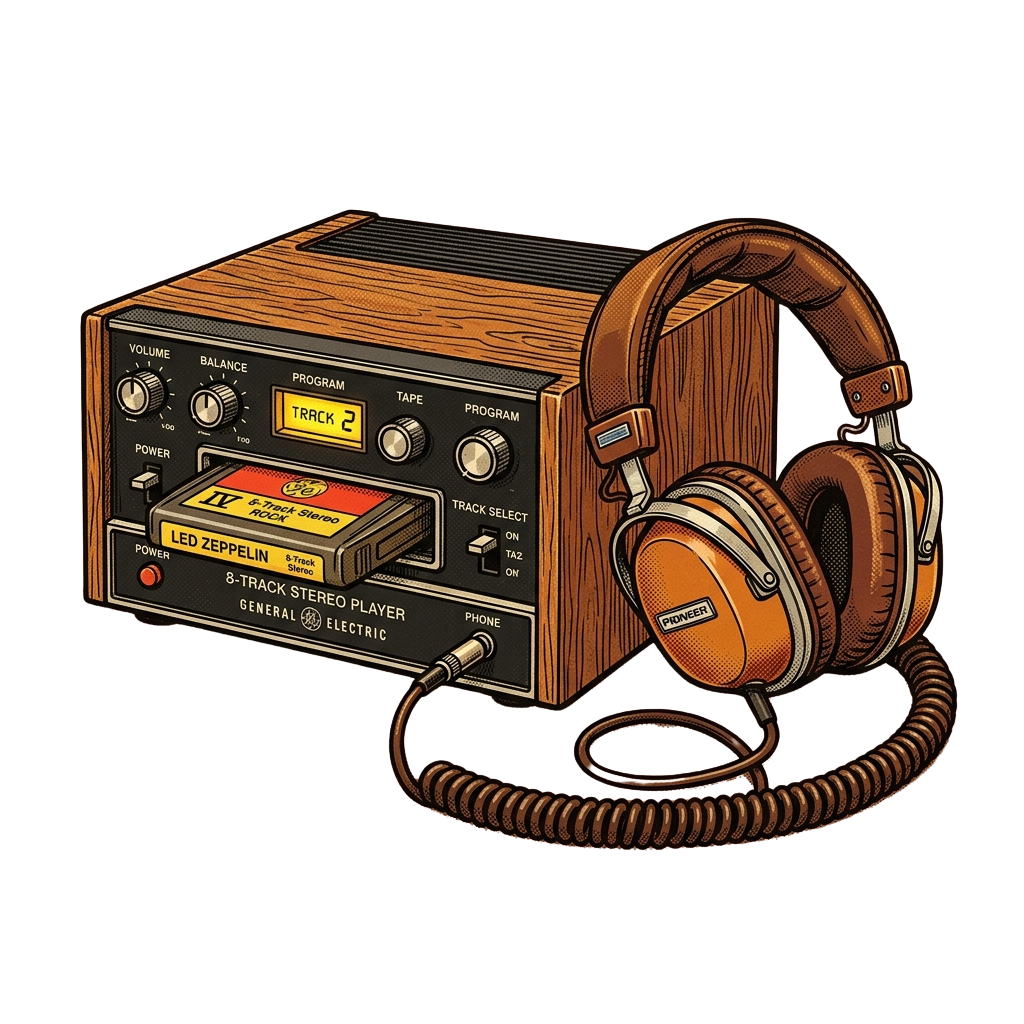 Illustration of a vintage 8-track stereo player and headphones connected by a cord