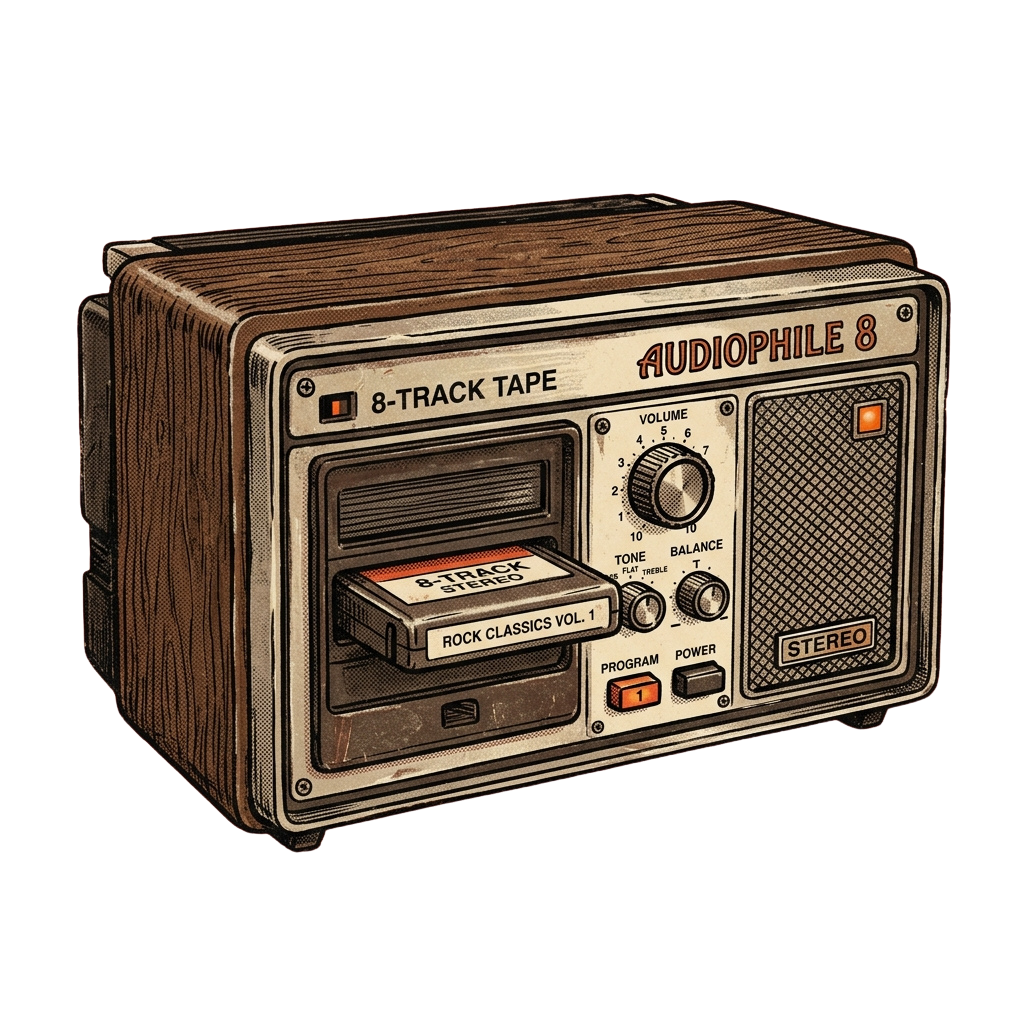 Illustration of a vintage 8-track tape player with a cassette labeled Rock Classics Vol 1 inserted