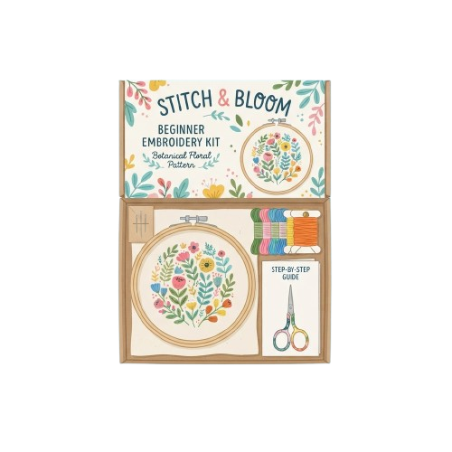Beginner embroidery kit with floral pattern, hoop, threads, scissors, and step-by-step guide