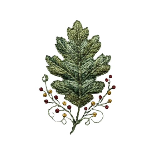 Intricate embroidery of an oak leaf with small red and yellow berries attached to delicate vines on a black background