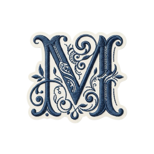Decorative embroidered letter M with intricate floral patterns in blue on white background