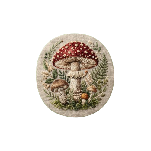 Circular embroidered fabric patch featuring a red and white spotted mushroom surrounded by green foliage and smaller mushrooms.