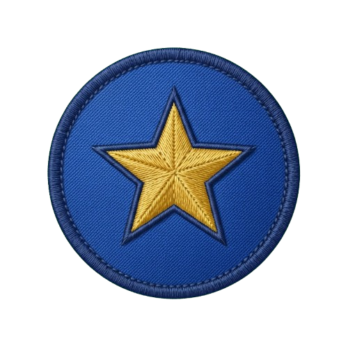 A round blue patch featuring a gold embroidered star with five points and intricate stitching details.