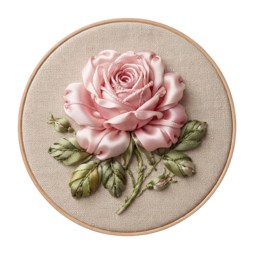 A detailed embroidery of a pink rose with green leaves on a beige fabric background inside a wooden hoop