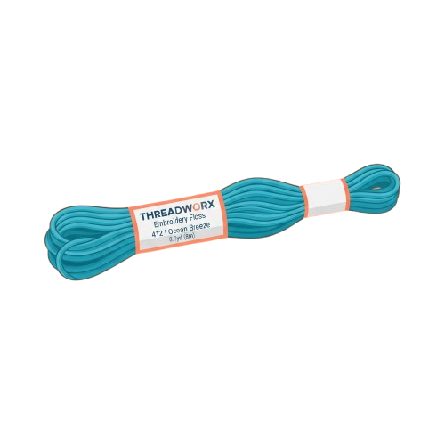 Spool of turquoise cotton embroidery thread labeled Ocean Breeze