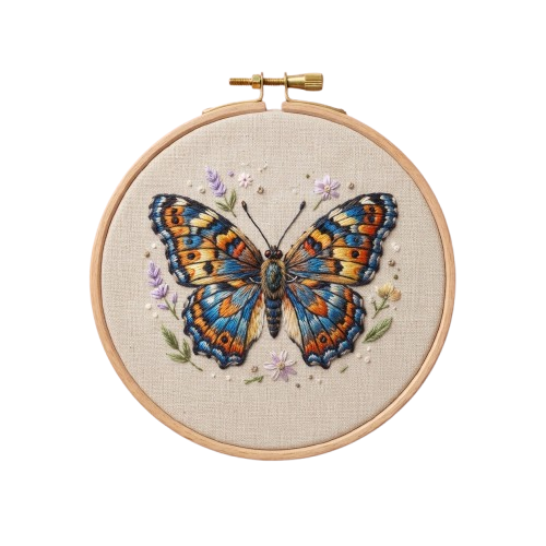 Embroidered hoop art featuring a colorful butterfly surrounded by small flowers on a light background