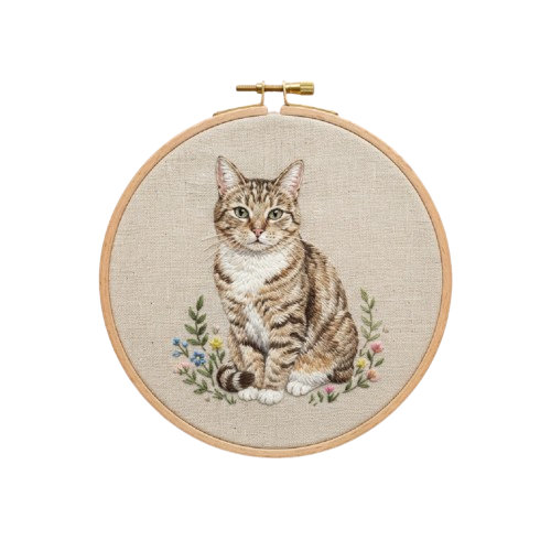 Embroidered hoop art featuring a striped cat sitting among flowers on a beige background