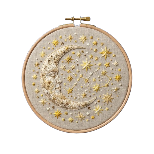 Circular embroidery hoop featuring a crescent moon surrounded by golden stars and constellations on a neutral fabric background