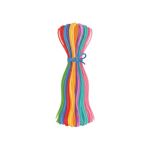 A bundle of multicolored braided yarn tied with a blue ribbon against a black background