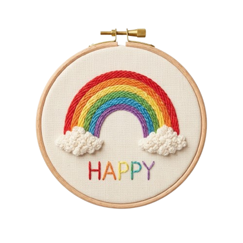 Embroidery hoop with a rainbow arching over two fluffy clouds and the word HAPPY in rainbow letters