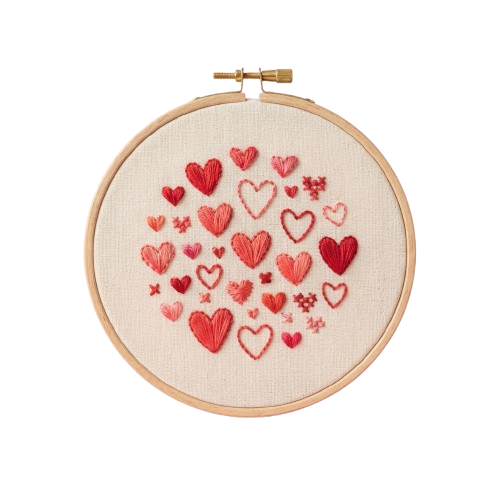 Circular embroidery hoop with red and pink stitched hearts and floral patterns on light fabric background