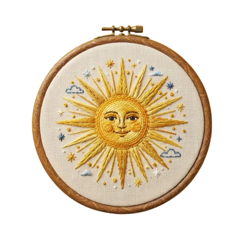 A round embroidery hoop featuring a smiling sun with rays, surrounded by stars and small clouds on a light background.