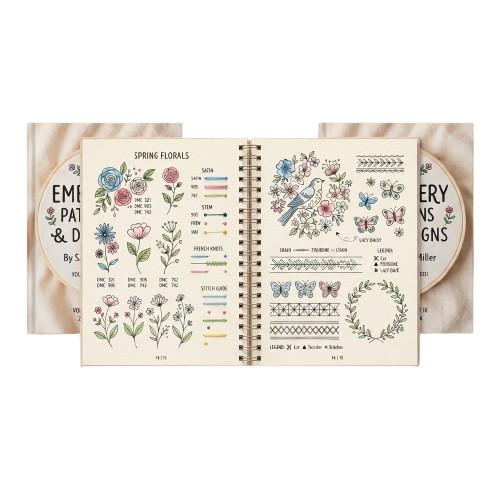 Open embroidery notebook showing spring floral patterns, stitch guides, and decorative elements with a CD included.