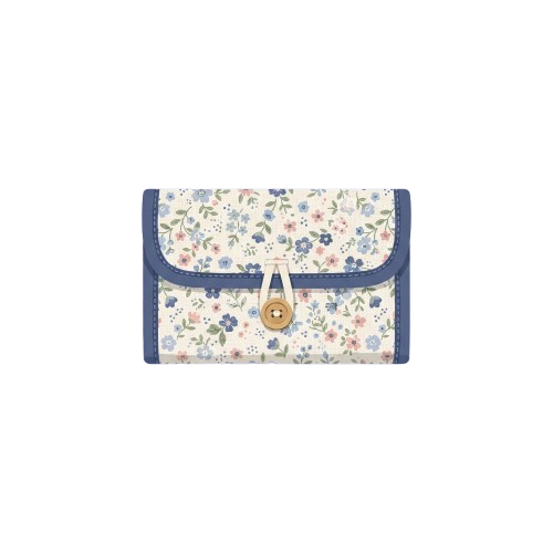 A floral-patterned envelope clutch with a wooden button closure and navy blue trim