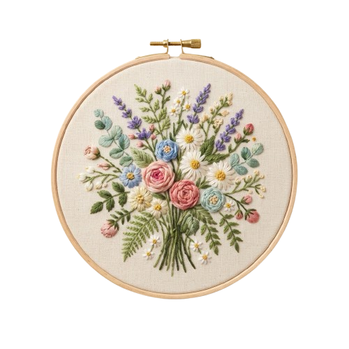Circular embroidery hoop displaying colorful flowers including roses, lavender, and greenery on a light background