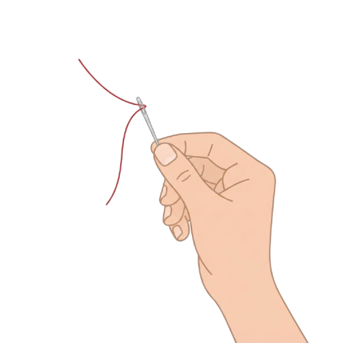 Illustration of a hand holding a sewing needle threaded with red string