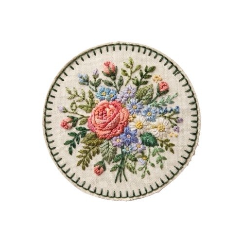Round embroidered patch featuring colorful roses and flowers on a white background with green stems and leaves.