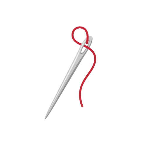 A white sewing needle with red thread looped at the eye against a black background
