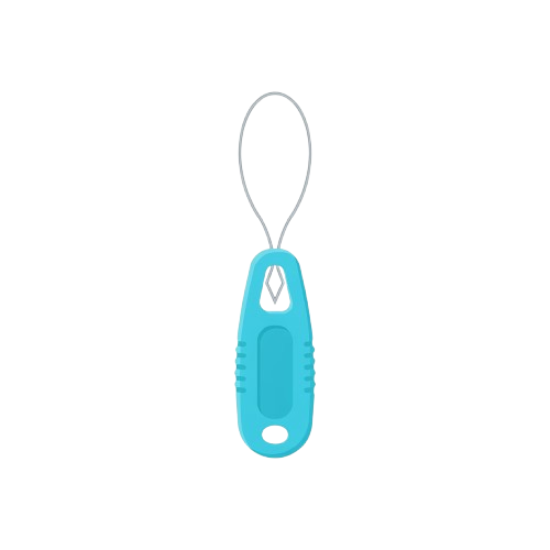 A small blue keychain fob attached to a white loop for easy carrying