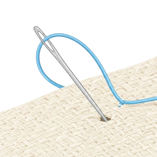 A close-up image of a curved metal suture needle attached to blue surgical thread.