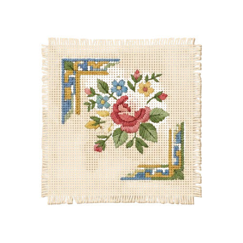 Embroidered fabric corner patch featuring a red rose, green leaves, and blue flowers on a beige background with frayed edges.