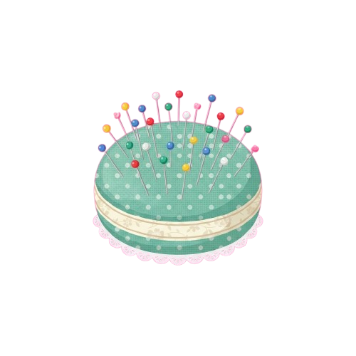 Decorative pin cushion shaped like a cake with multicolored pins stuck in it
