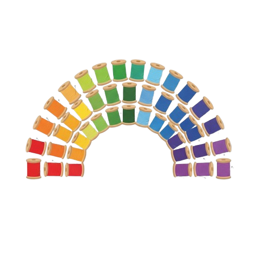 Rainbow-colored spools of thread arranged in a curved arch shape