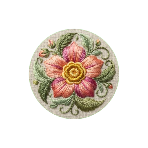 A detailed embroidered floral design featuring a pink and yellow flower with green leaves on a circular fabric background.