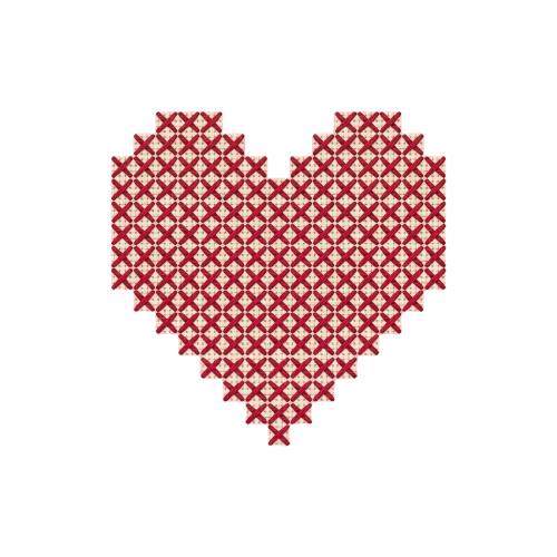 A heart shape filled with a red cross-stitch pattern on a black background