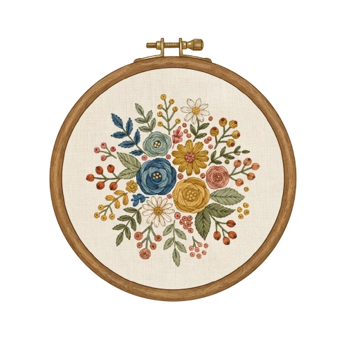 Circular embroidery hoop displaying colorful flowers and green leaves on a light background
