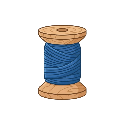 Illustration of a wooden spool with blue thread wrapped around it