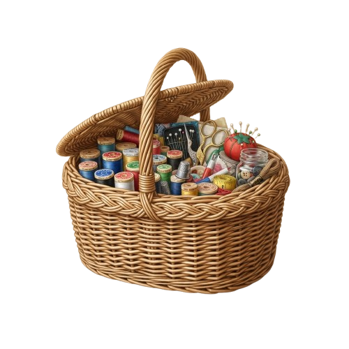 A wicker basket containing colorful sewing supplies, snacks, and small jars.
