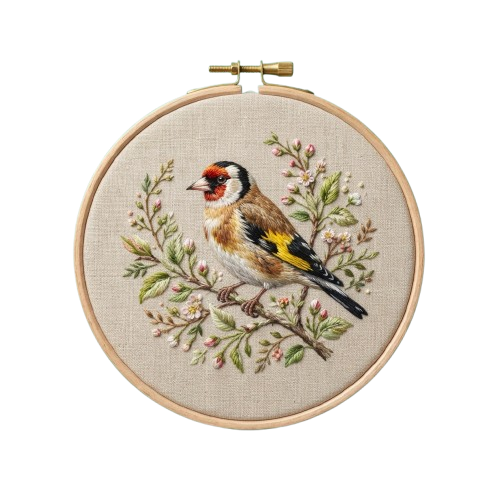 Embroidered goldfinch perched on a branch with green foliage and flowers in a round hoop frame