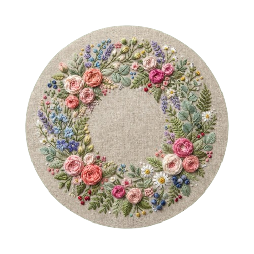 Circular embroidered rug featuring a floral wreath with roses and greenery in pastel colors