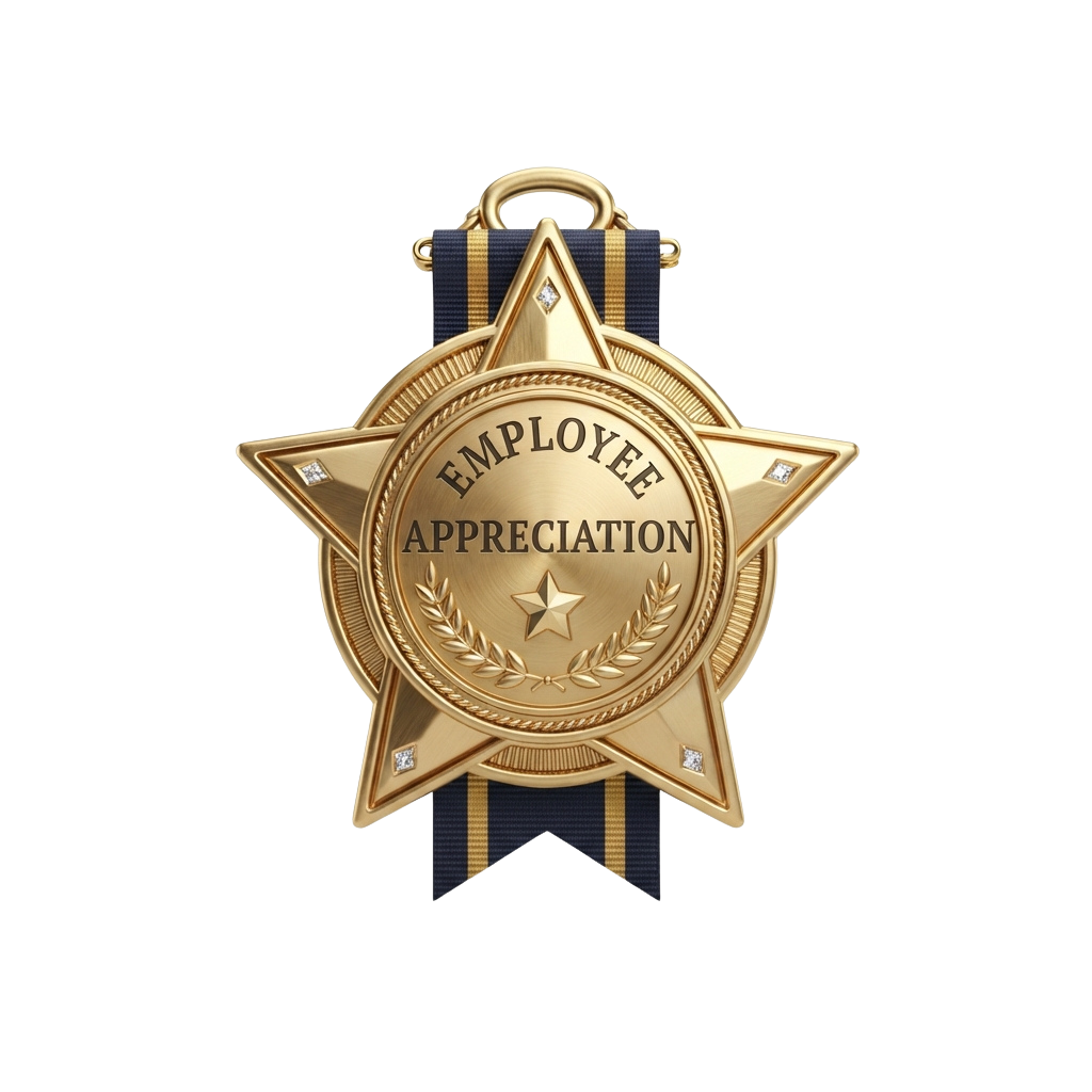 A gold star-shaped employee appreciation award with a blue and gold ribbon and laurel wreath design