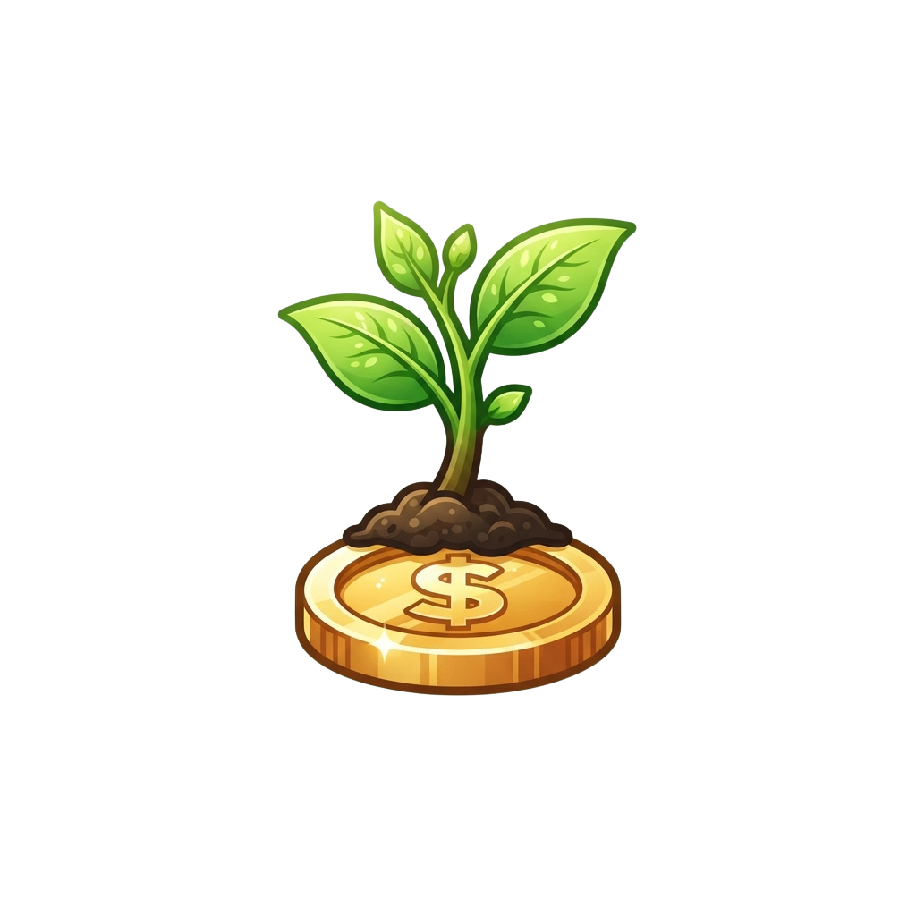 A green plant sprouting from soil on top of a gold coin with a dollar symbol